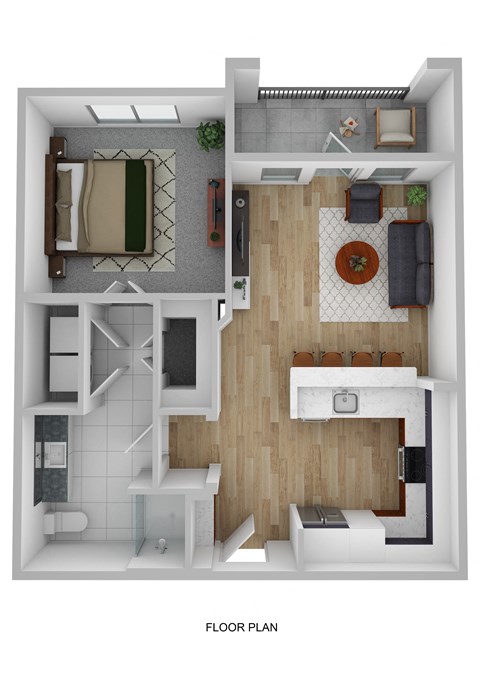 a stylized 3d floor plan of a house with a bedroom and living room